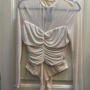 Lulu's Cream Ruched Bodysuit with Sparkle